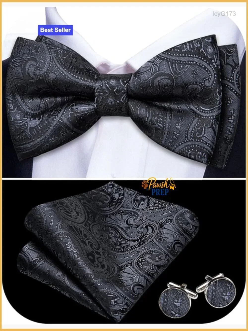 Silk Blend Pre-Tied Bow Tie Set with Pocket Square & Cufflinks